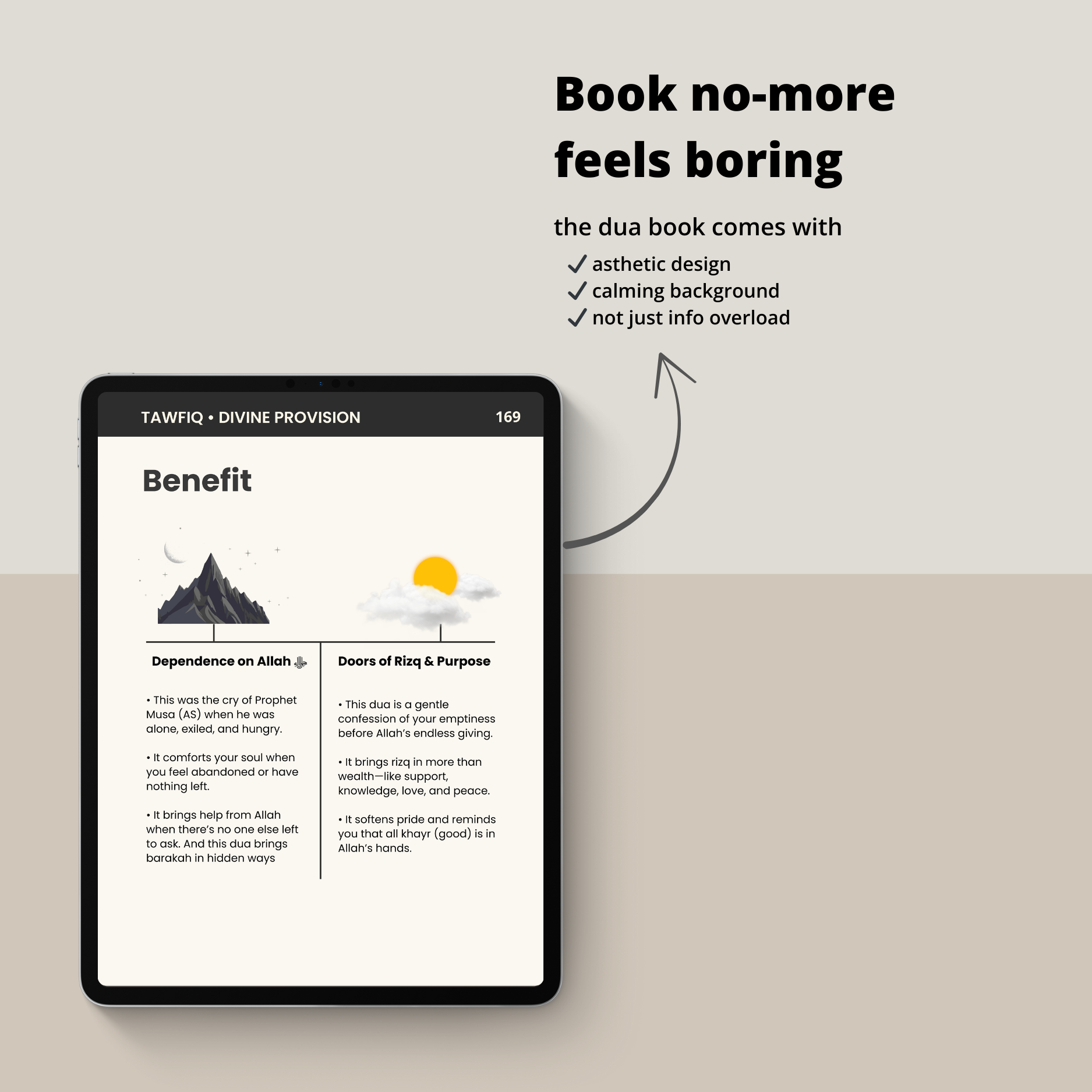 Tablet displaying an e-book with a calming background and aesthetic design.